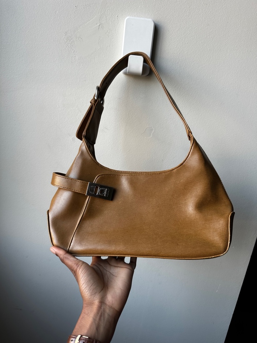 Brown Faux Leather Hobo Buckle Shoulder Bag Baguette Purse Adjustable Strap